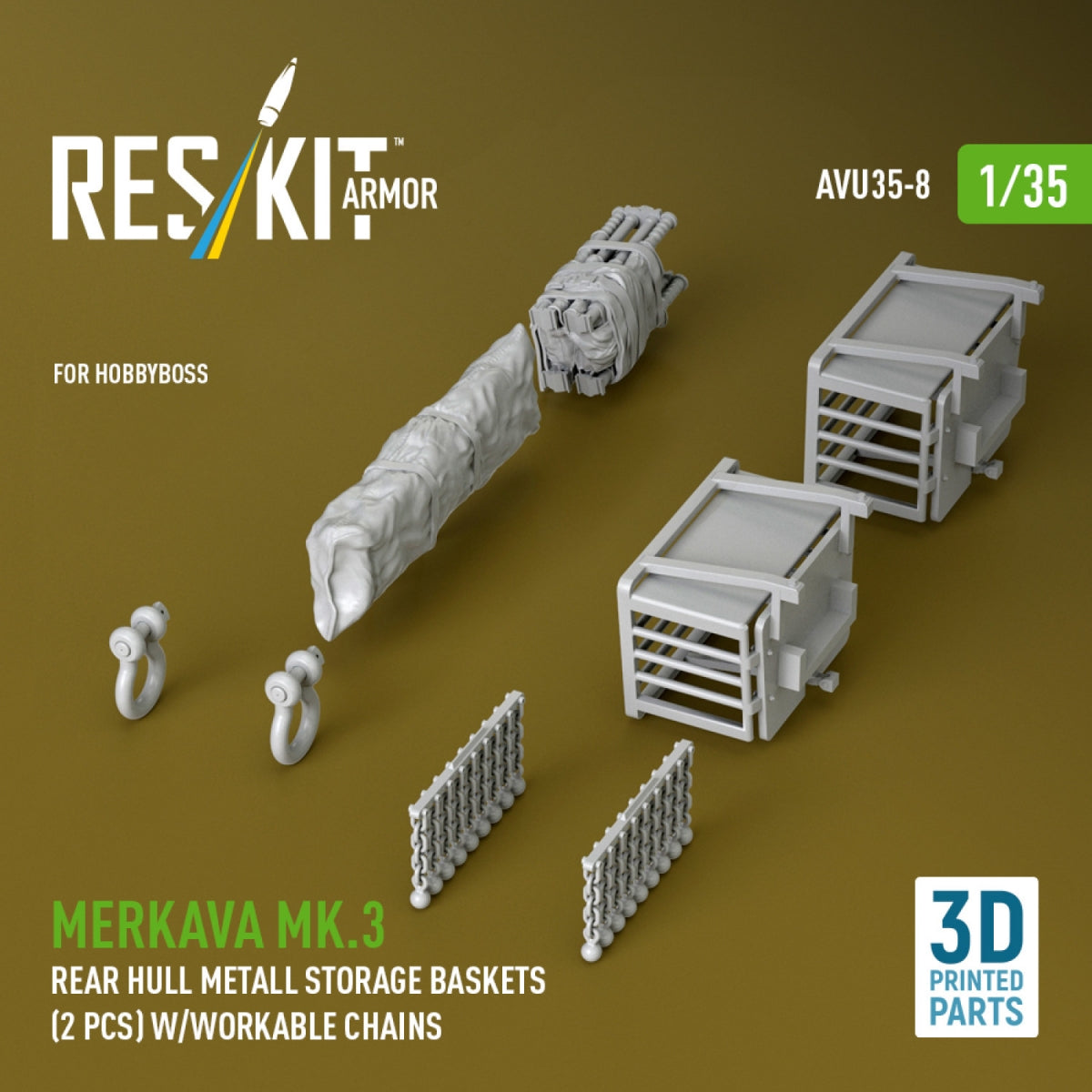 RESKIT AVU35-0008 Merkava Mk.3 rear hull metall storage baskets (2 pcs) w/workable chains for HobbyBoss kit (3D Printed) 1/35