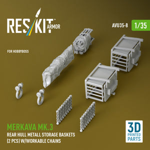RESKIT AVU35-0008 Merkava Mk.3 rear hull metall storage baskets (2 pcs) w/workable chains for HobbyBoss kit (3D Printed) 1/35