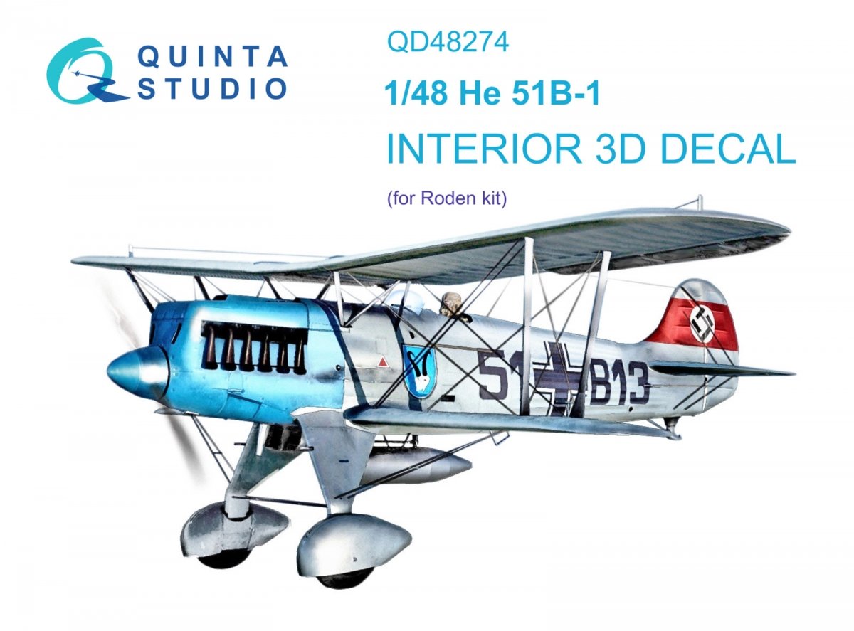 Quinta Studio QD48274 He 51B 3D-Printed &amp; colored Interior on decal paper (Roden) 1/48