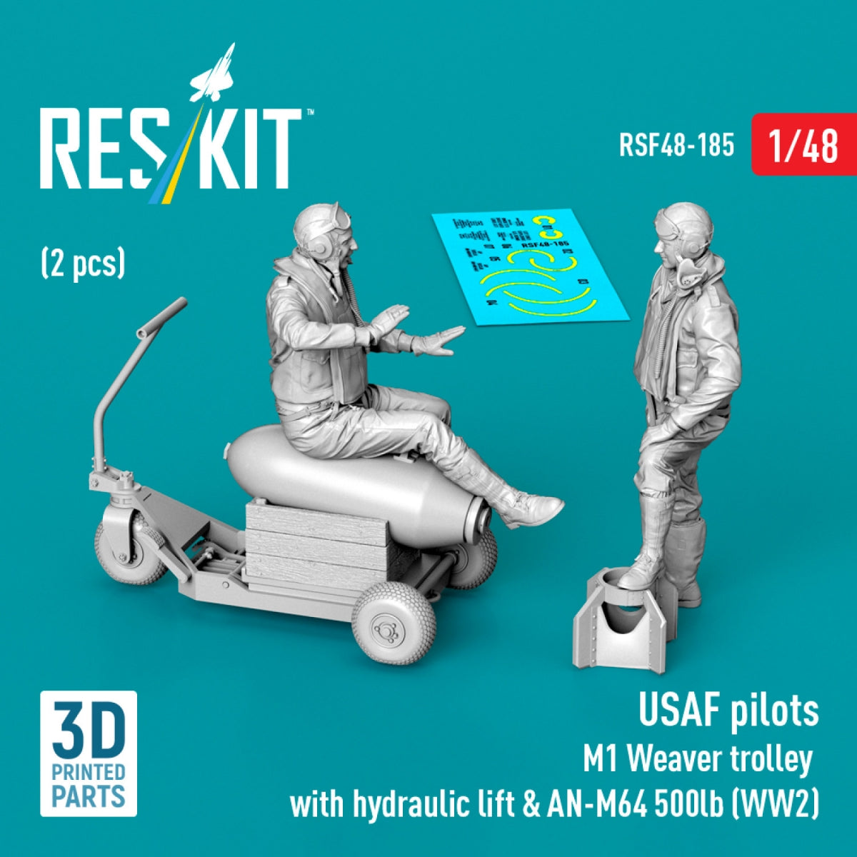 RESKIT RSF48-0185 USAF pilots (2 pcs) & M1 Weaver trolley with hydraulic lift & AN-M64 500lb (WW2) (3D Printed) 1/48