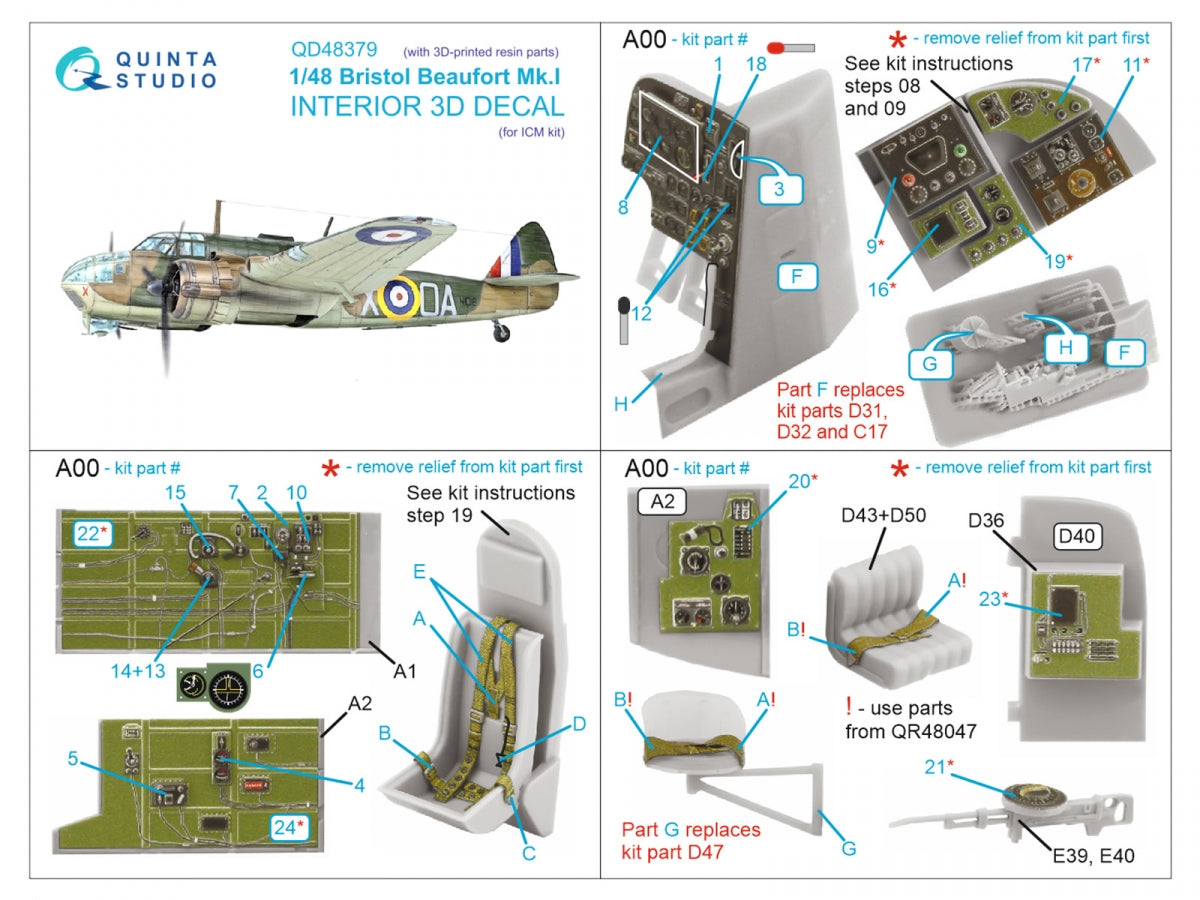 Quinta Studio QD+48379 Bristol Beaufort Mk.I 3D-Printed &amp;amp; coloured Interior on decal paper (ICM) (with 3D-printed resin parts) 1/48 – immagine 2