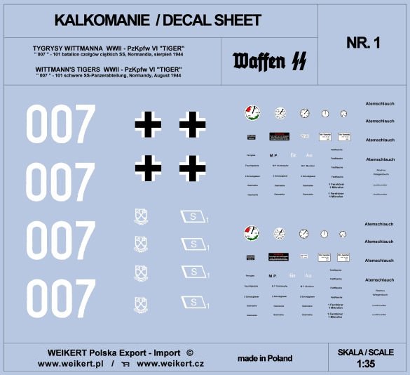 Weikert Decals DEC201 TIGER I - czołg 007 - 101 batalion czołgów ciężkich SS, Normandia, sierpień 1944 - vol.1 1/35