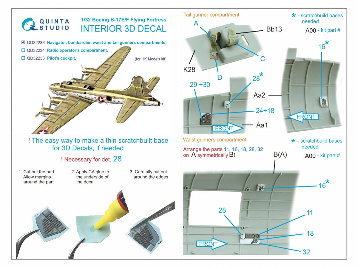 Quinta Studio QD32236 Boeing B-17E/F Navigator, bombardier, waist and tail gunners compartments. 3D-Printed coloured Interior (HK models) 1/32 – immagine 10