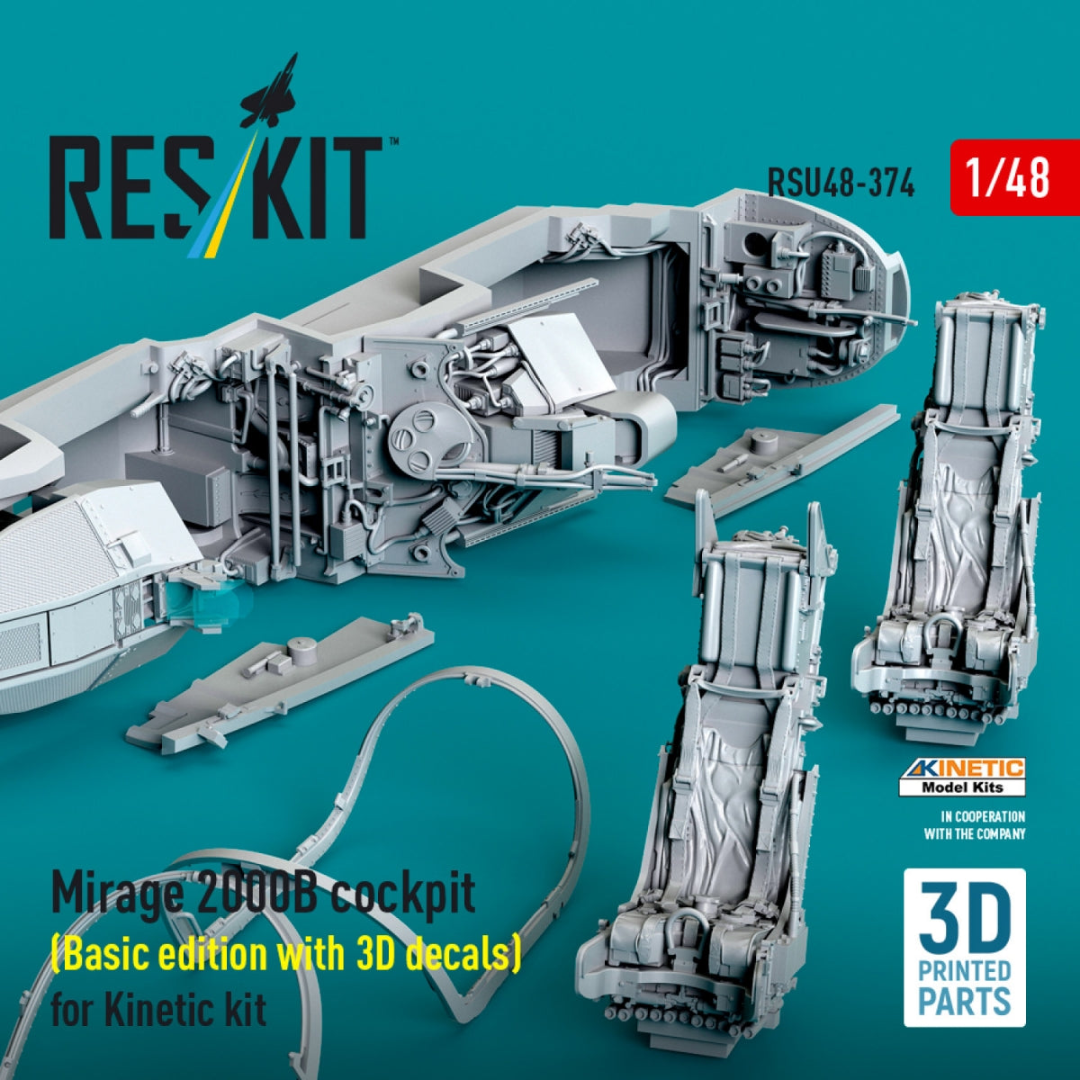 RESKIT RSU48-0374 Mirage 2000B cockpit (Basic edition with 3D decals) for Kinetic kit (3D Printed) 1/48