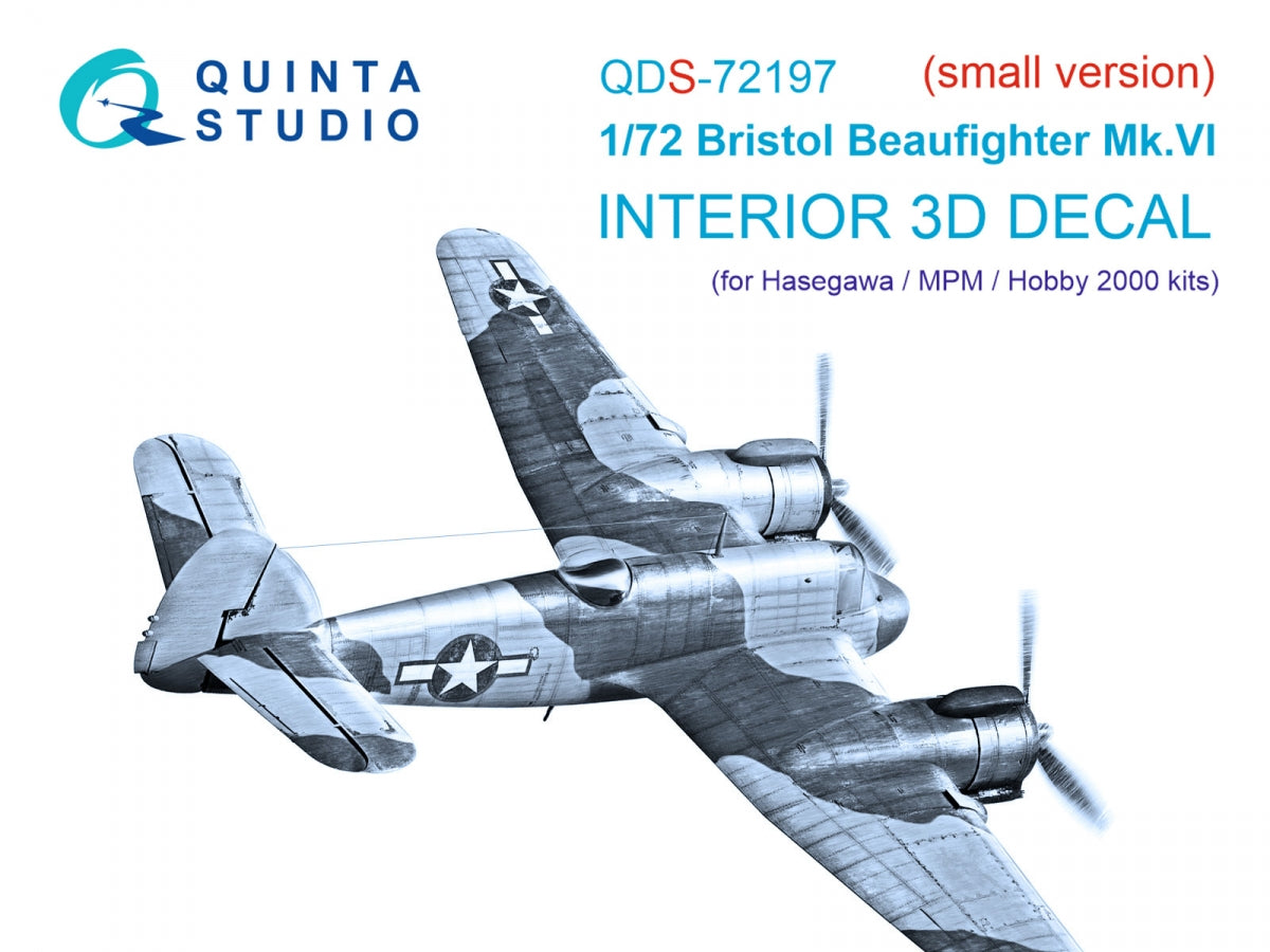 Quinta Studio QDS-72197 Bristol Beaufighter Mk.VI 3D-Printed &amp;amp; coloured Interior on decal paper (Hasegawa/MPM/Hobby2000) (small version) 1/72
