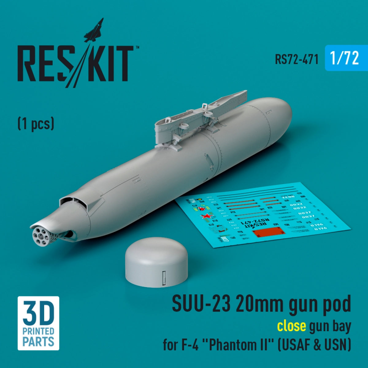 RESKIT RS72-0471 SUU-23 20mm gun pod (close gun bay) for F-4 "Phantom II" (USAF) (1 pcs) (3D Printed) 1/72