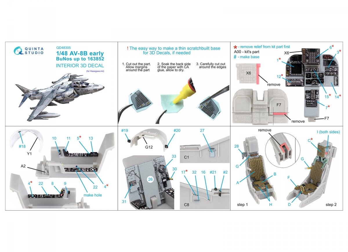 Quinta Studio QD48305 AV-8B Early 3D-Printed &amp;amp; coloured Interior on decal paper (Hasegawa) 1/48 – immagine 10