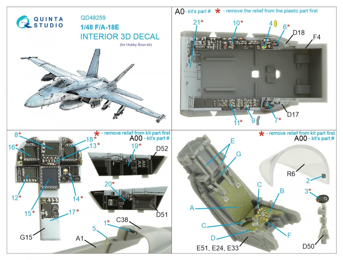 Quinta Studio QD48259 F/A-18E 3D-Printed &amp;amp; coloured Interior on decal paper (HobbyBoss) 1/48 – immagine 2