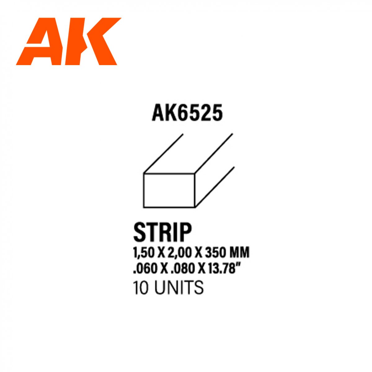 AK Interactive AK6525 STRIPS 1.50 X 2.00 X 350MM – STYRENE STRIP – (10 UNITS)
