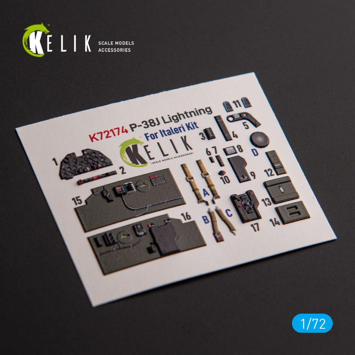 Kelik K72174 Р-38J "Lightning" - interior 3D decals for Italeri/Academy kit 1/72