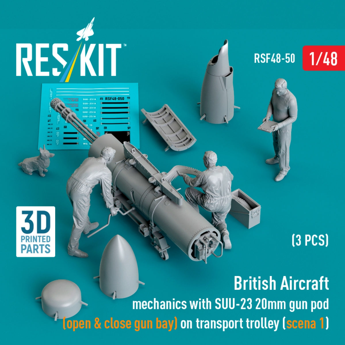 RESKIT RSF48-0050 British Aircraft mechanics with SUU-23 20mm gun pod (open & close gun bay) on on transport trolley (scene 1) (3 pcs) (3D Printed) 1/48
