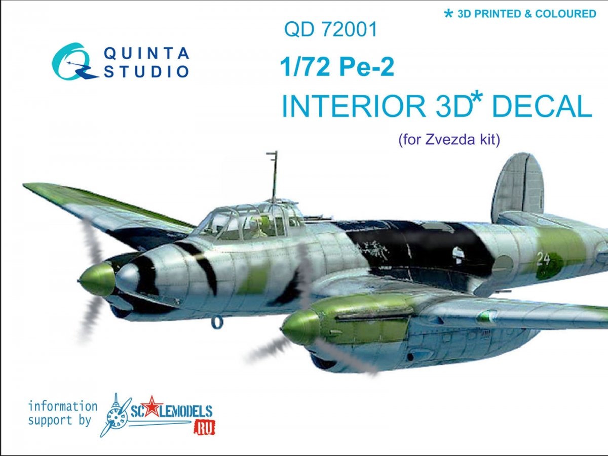 Quinta Studio QD72001 Pe-2 3D-Printed &amp; colored Interior on decal paper (for 7283 Zvezda kit) 1/72