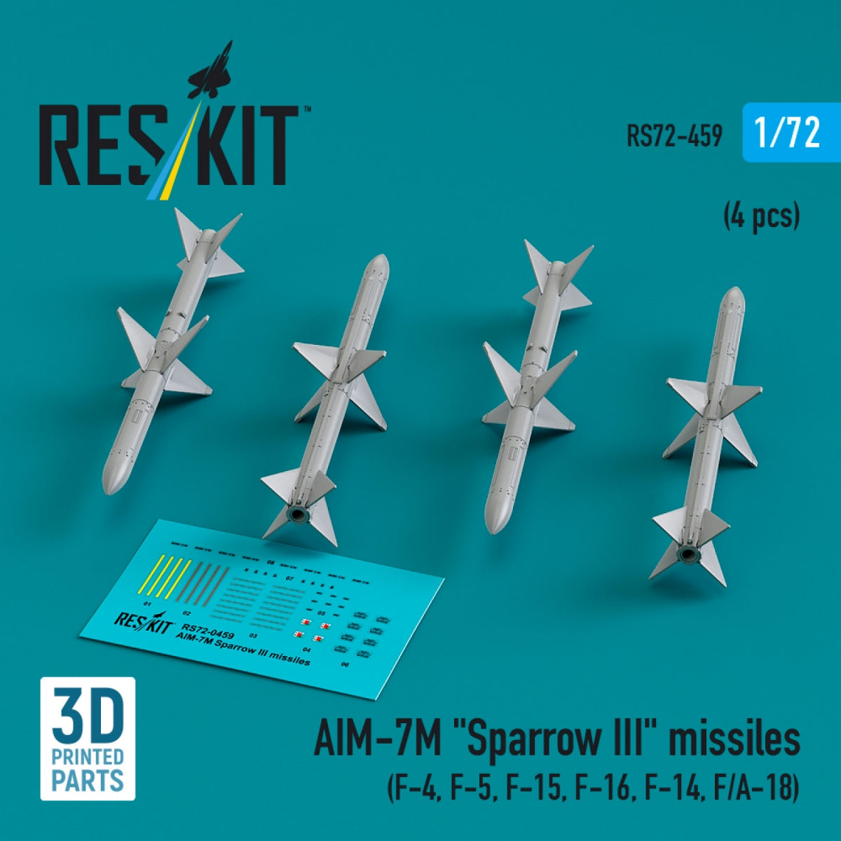 RESKIT RS72-0459 AIM-7M &amp;quot;Sparrow III&amp;quot; missiles (4 pcs) (3D Printed) 1/72