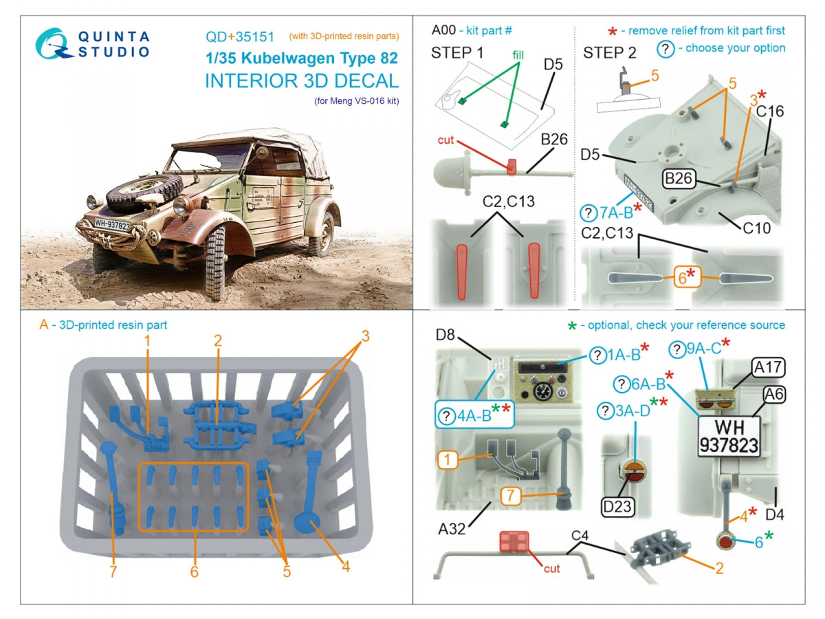 Quinta Studio QD+35151 Kubelwagen Type 82 3D-Printed &amp;amp; coloured Interior on decal paper (Meng VS-016) (with 3D-printed resin parts) 1/35 – immagine 16