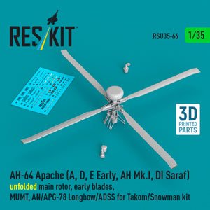 RESKIT RSU35-0066 AH-64 Apache (A, D, E Early, AH Mk.I, DI Saraf) unfolded main rotor, early blades, MUMT, AN/APG-78 Longbow/ADSS for Takom/Snowman kit (3D Printed) 1/35