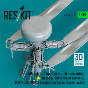 RESKIT RSU35-0079 AH-64E late Apache folded main rotor, late blades &amp; fold restraint systems, MUMT, AN/APG-78 Longbow for Takom/Snowman kit (3D Printed) 1/35