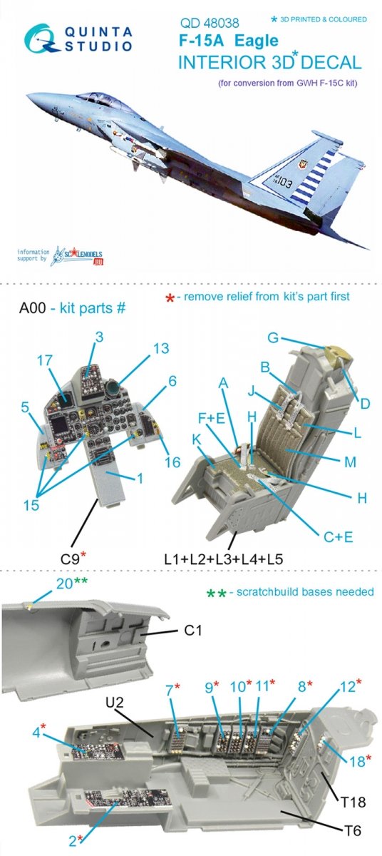 Quinta Studio QD48038 F-15A 3D-Printed &amp;amp; coloured Interior on decal paper (for GWH kit) 1/48 – immagine 10