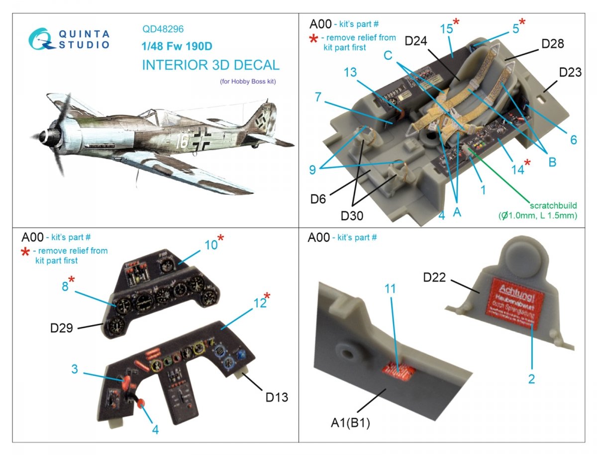 Quinta Studio QD48296 FW 190D-9 3D-Printed &amp;amp; coloured Interior on decal paper (HobbyBoss) 1/48 – immagine 2