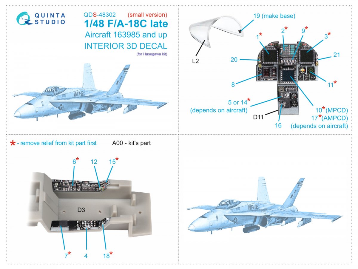 Quinta Studio QDS-48302 F/A-18C late 3D-Printed &amp;amp; coloured Interior on decal paper (Hasegawa) (Small version) 1/48 – Bild 2
