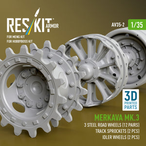 RESKIT AV35-0002 Merkava Mk.3 steel road wheels (12 pairs), track sprockets (2 pcs), idler wheels (2 pcs) for Meng/HobbyBoss kit (3D Printed) 1/35