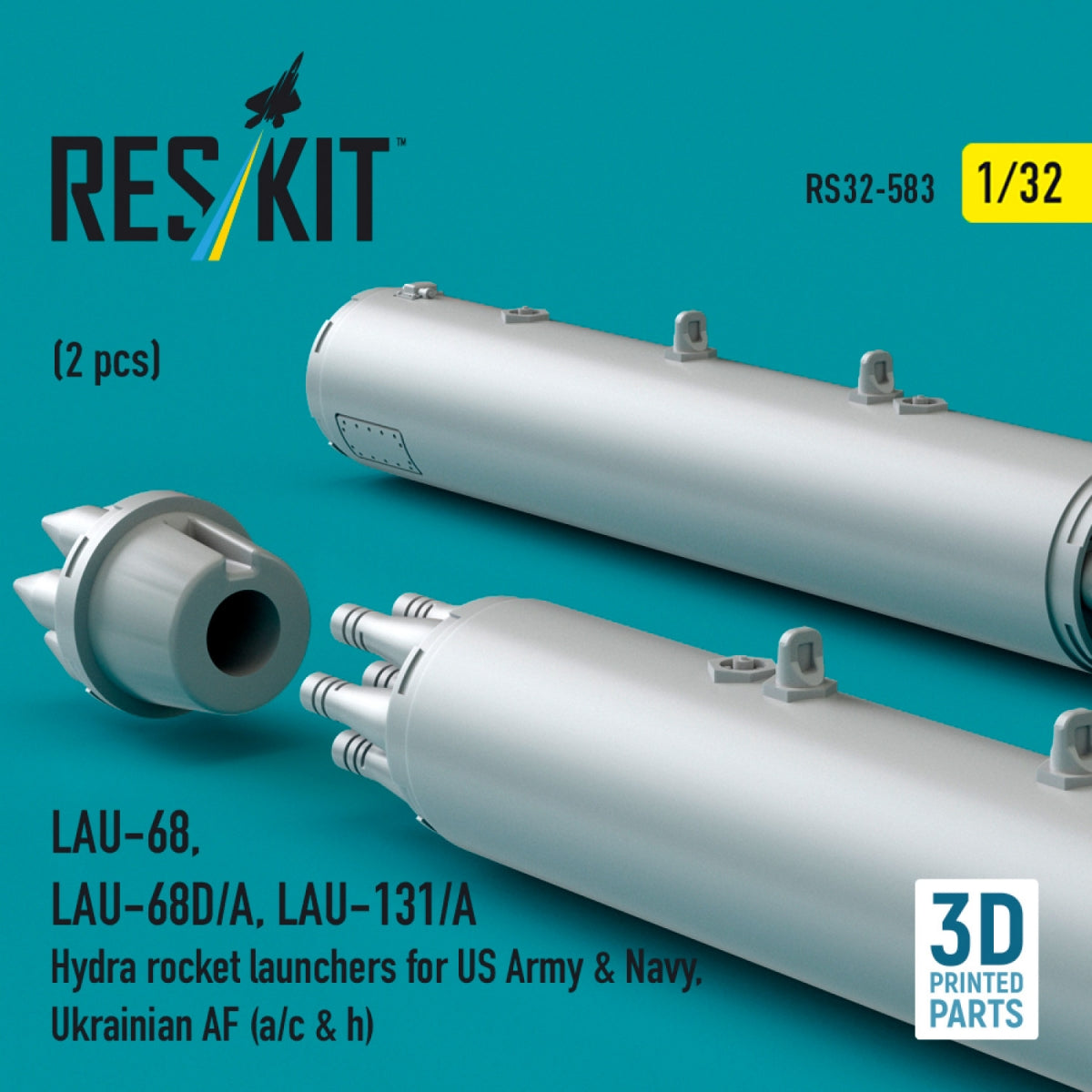RESKIT RS32-0583 LAU-68, LAU-68D/A, LAU-131/A Hydra rocket launchers for US Army &amp; Navy, Ukrainian AF (a/c &amp; h) (2 pcs) (3D Printed) 1/32