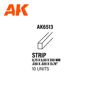 AK Interactive AK6513 STRIPS 0.75 X 0.50 X 350MM – STYRENE STRIP – (10 UNITS)