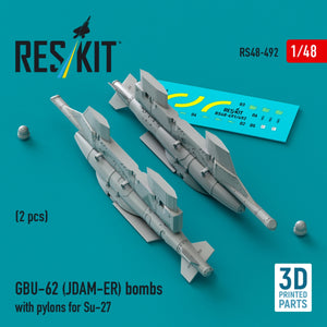 RESKIT RS48-0492 GBU-62 (JDAM-ER) bombs with pylons for Su-27 &amp;quot;Flanker&amp;quot; (2 pcs) (3D Printed) 1/48 – immagine 2