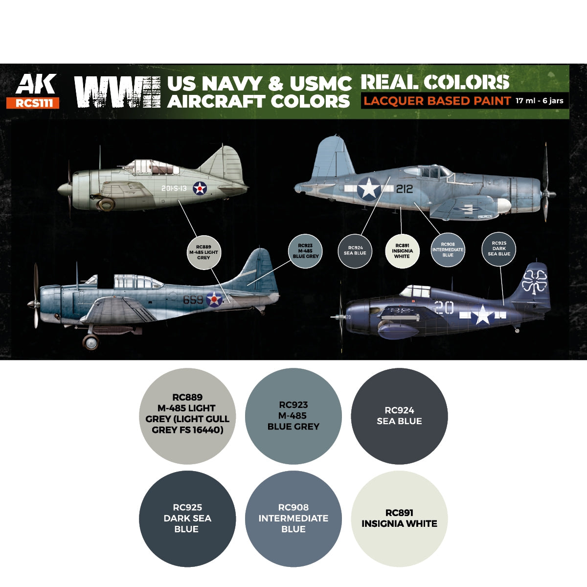AK Interactive RCS111 WWII US Navy &amp;amp; USMC Aircraft Colors 6x17ml – imagen 2
