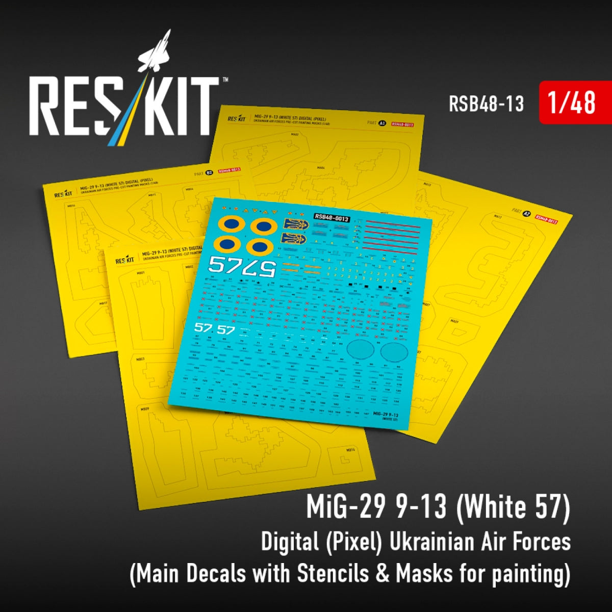 RESKIT RSB48-0013 MiG-29 9-13 (White 57) Digital (Pixel) Ukrainian Air Forces (Main Decals with Stencils & Masks for painting 4 pcs) 1/48