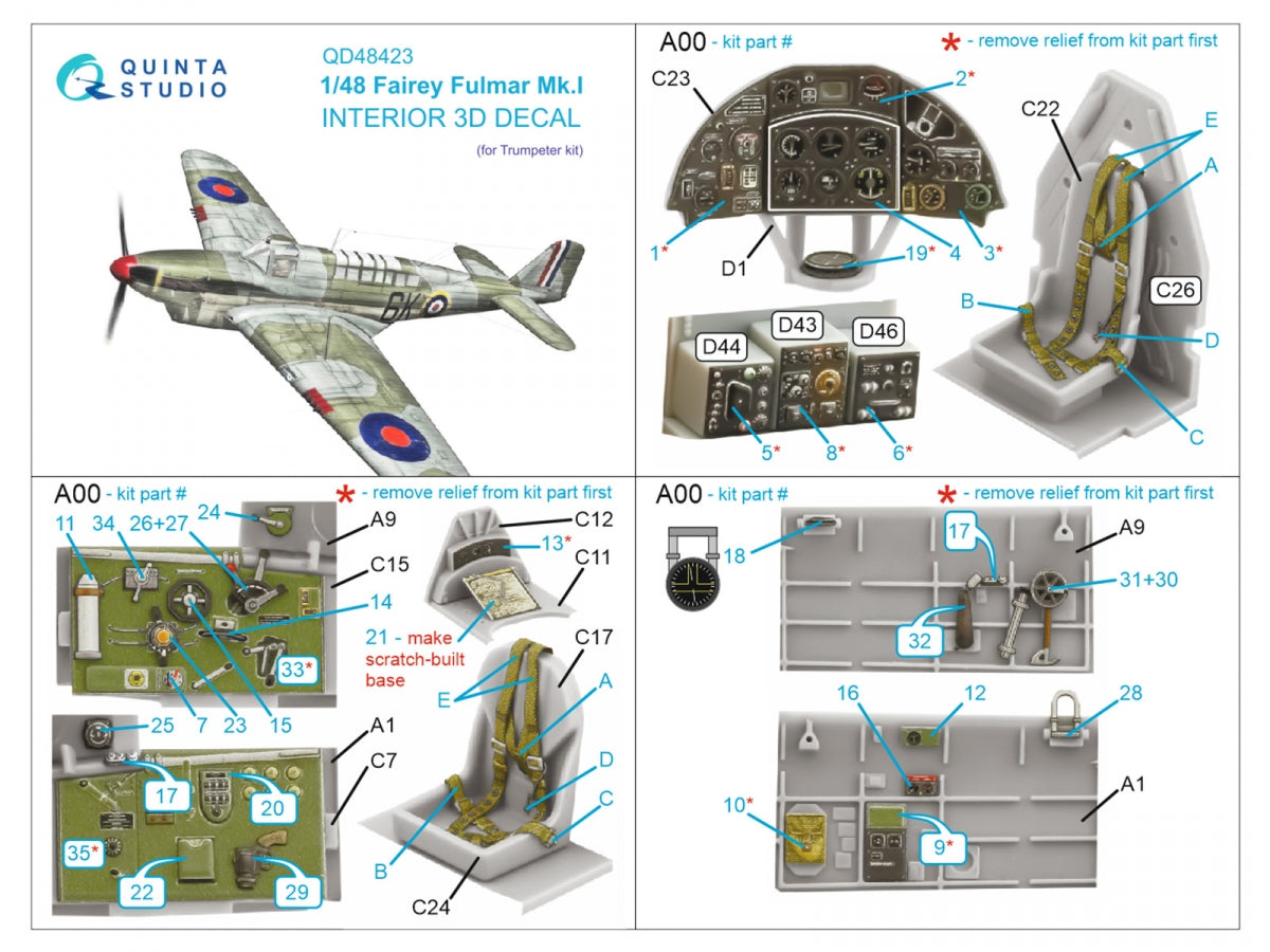 Quinta Studio QD48423 Fairey Fulmar Mk.I 3D-Printed &amp;amp; coloured Interior on decal paper (Trumpeter) 1/48 – Bild 2