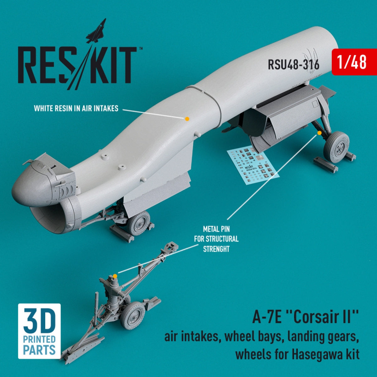 RESKIT RSU48-0316 A-7E "CORSAIR II" AIR INTAKES, WHEEL BAYS, LANDING GEARS, WHEELS FOR HASEGAWA KIT (3D PRINTED) 1/48