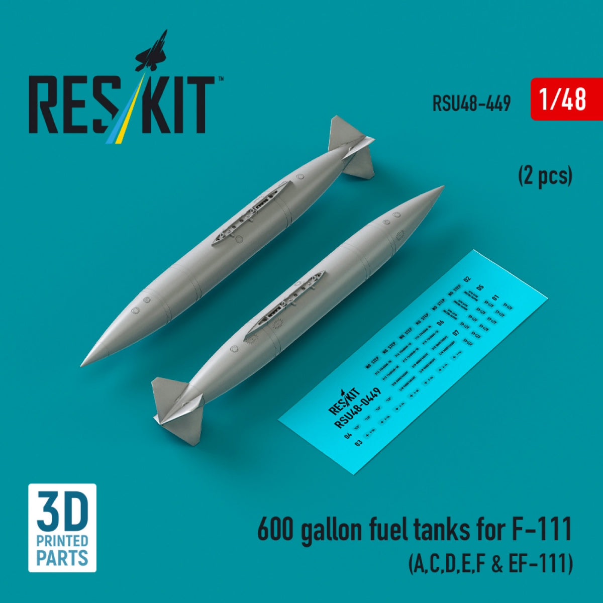 RESKIT RSU48-0449 600 gallon fuel tanks for F-111 (A,C,D,E,F &amp; EF-111) (2 pcs) (3D Printed) 1/48