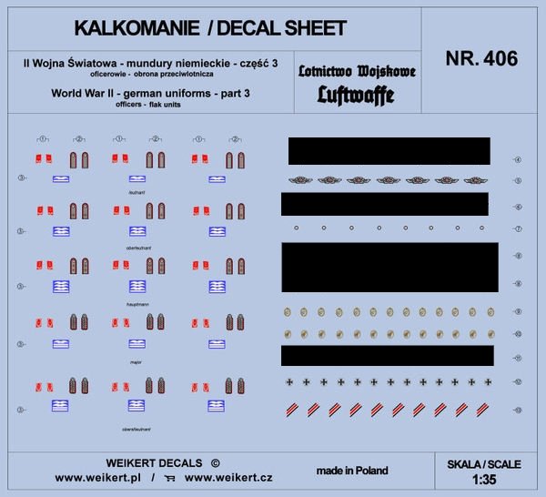 Weikert Decals DEC406 Uniformes allemands - Partie 3 - Luftwaffe - Défense anti-aérienne 1/35
