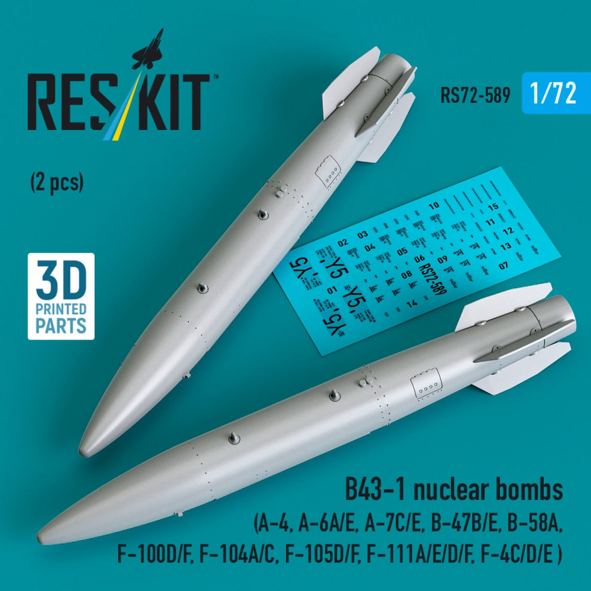 RESKIT RS72-0589 B43-1 nuclear bombs (2 pcs) (A-4, A-6A/E, A-7C/E, B-47B/E, B-58A, F-100D/F, F-104A/C, F-105D/F, F-111A/E/D/F, F-4C/D/E ) (3D Printed) 1/72
