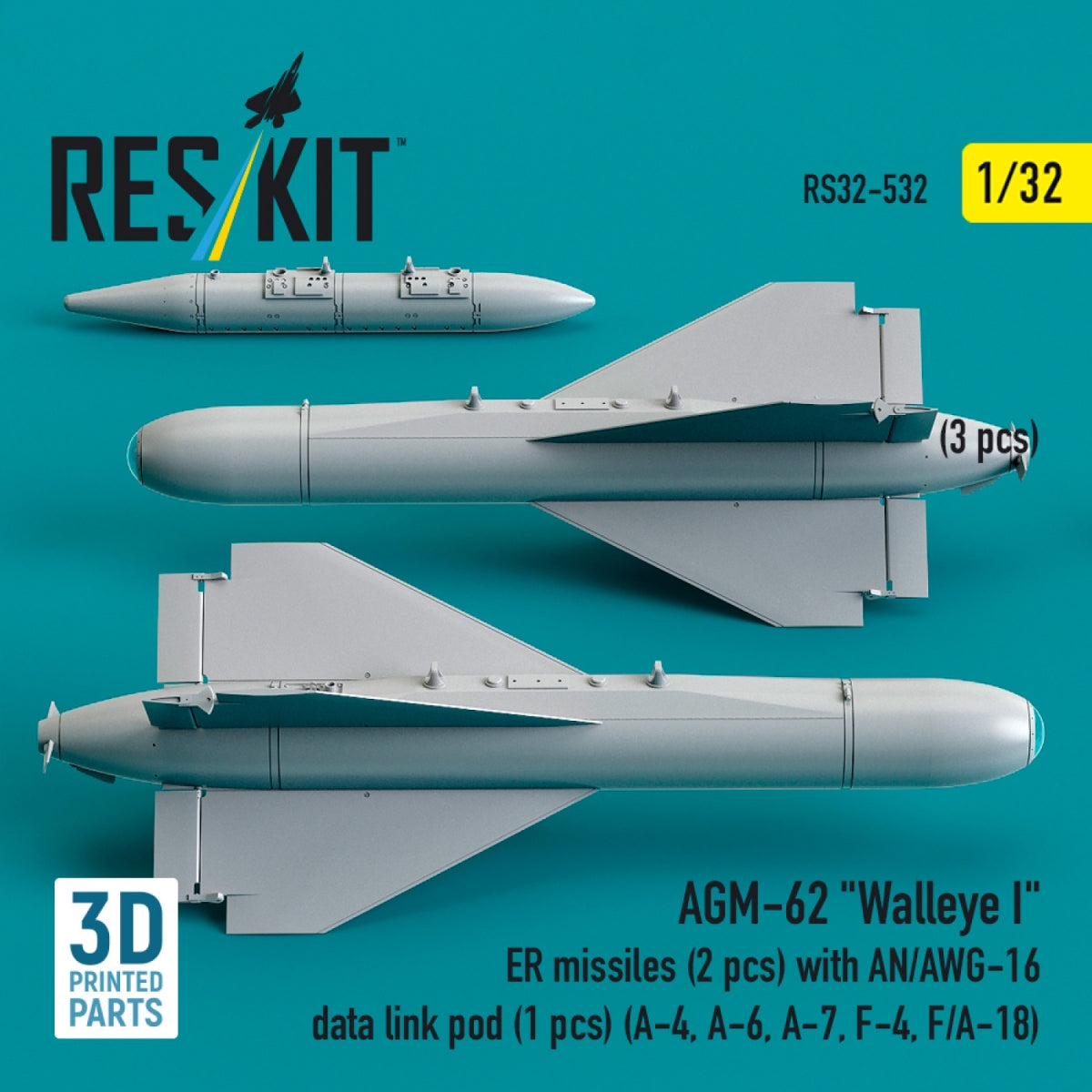 RESKIT RS32-0532 AGM-62 "Walleye I" ER missiles (2 pcs) with AN/AWG-16 data link pod (1 pcs) (A-4, A-6, A-7, F-4, F/A-18) (3D Printed) 1/32