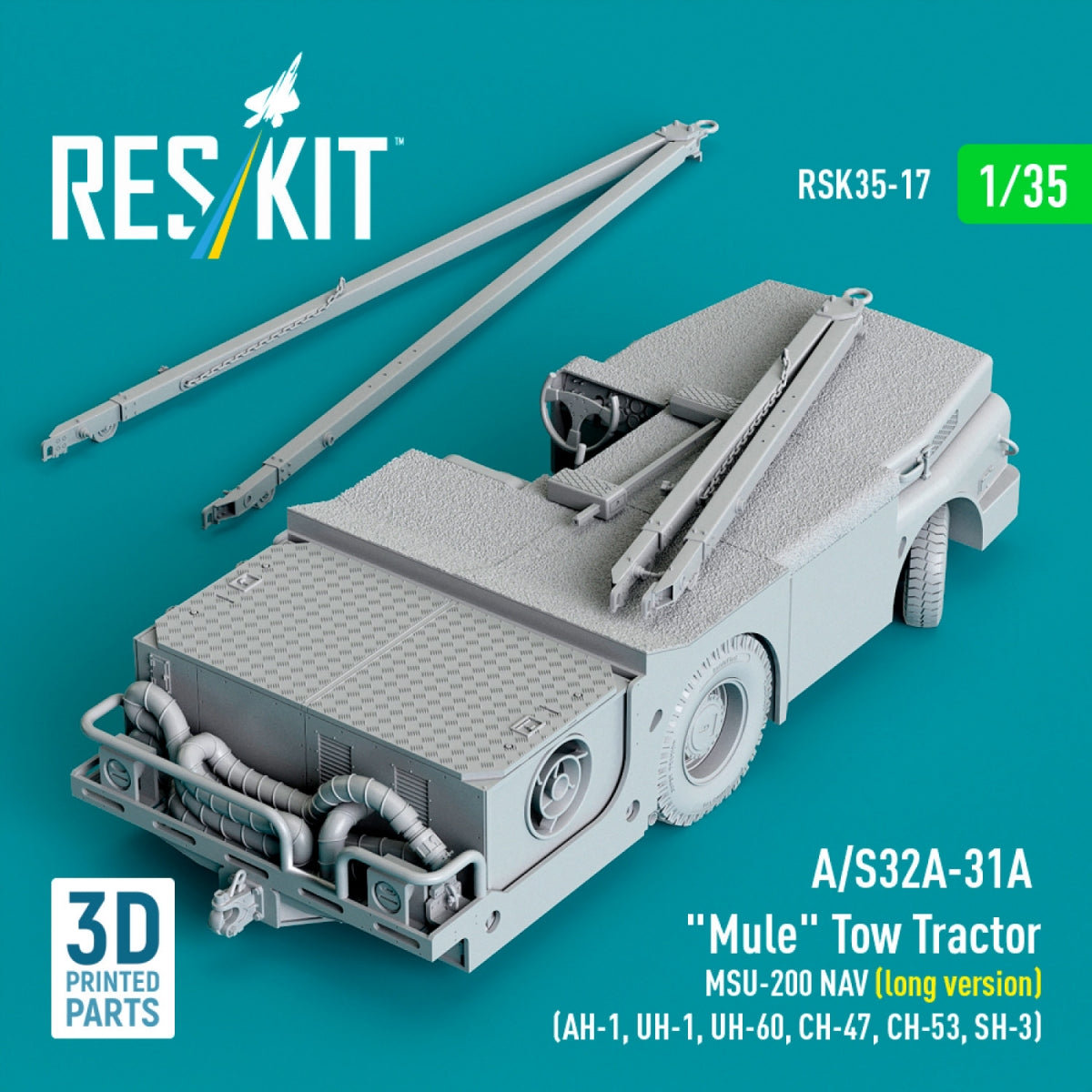 RESKIT RSK35-0017 A/S32A-31A "Mule" Tow Tractor MSU-200 NAV (long version) (AH-1, UH-1, UH-60, CH-47, CH-53, SH-3) (3D Printed model kit) 1/35