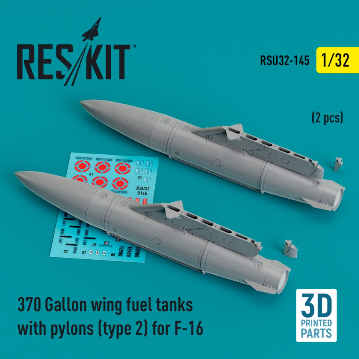Réservoirs de carburant d&amp;#39;aile RESKIT RSU32-0145 de 370 gallons avec pylônes (type 2) pour F-16 (2 pièces) (Impression 3D) 1/32