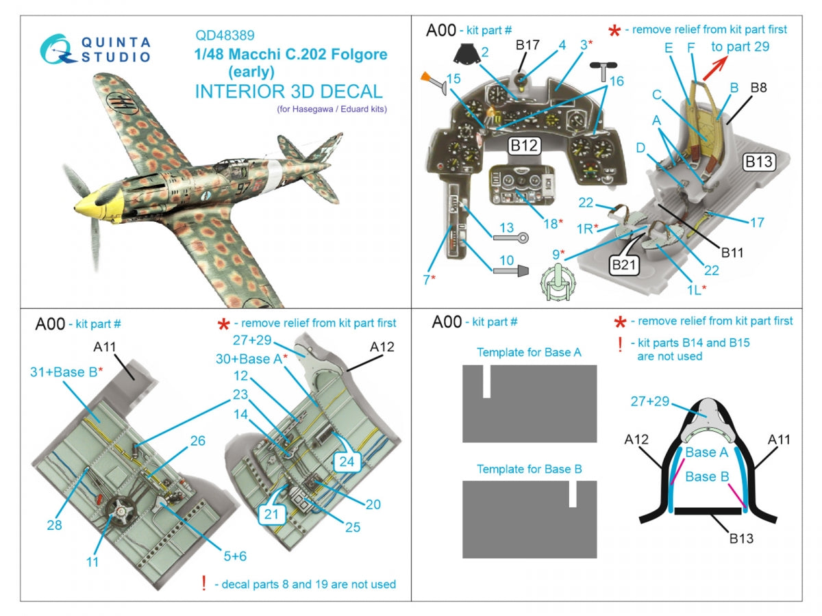 Quinta Studio QD48389 Macchi C.202 Folgore Early 3D-Printed &amp;amp; colored Interior on decal paper (Hasegawa/Eduard) 1/48 – image 2
