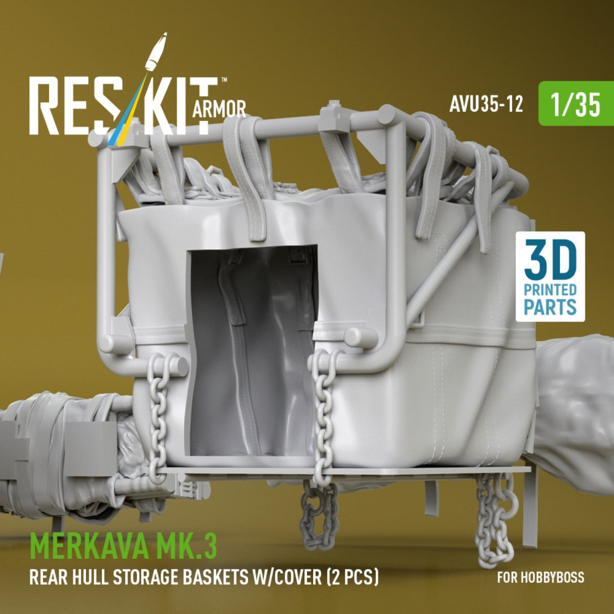 RESKIT AVU35-0012 Merkava Mk.3 rear hull storage baskets w/cover (2 pcs) for HobbyBoss kit (3D Printed) 1/35
