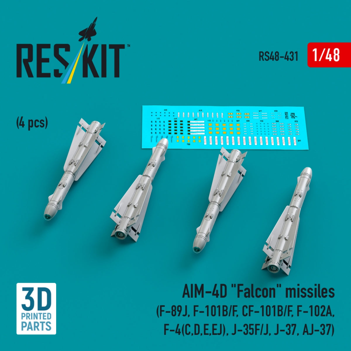 Missiles RESKIT RS48-0431 AIM-4D « Falcon » (4 pièces) (Impression 3D) 1/48
