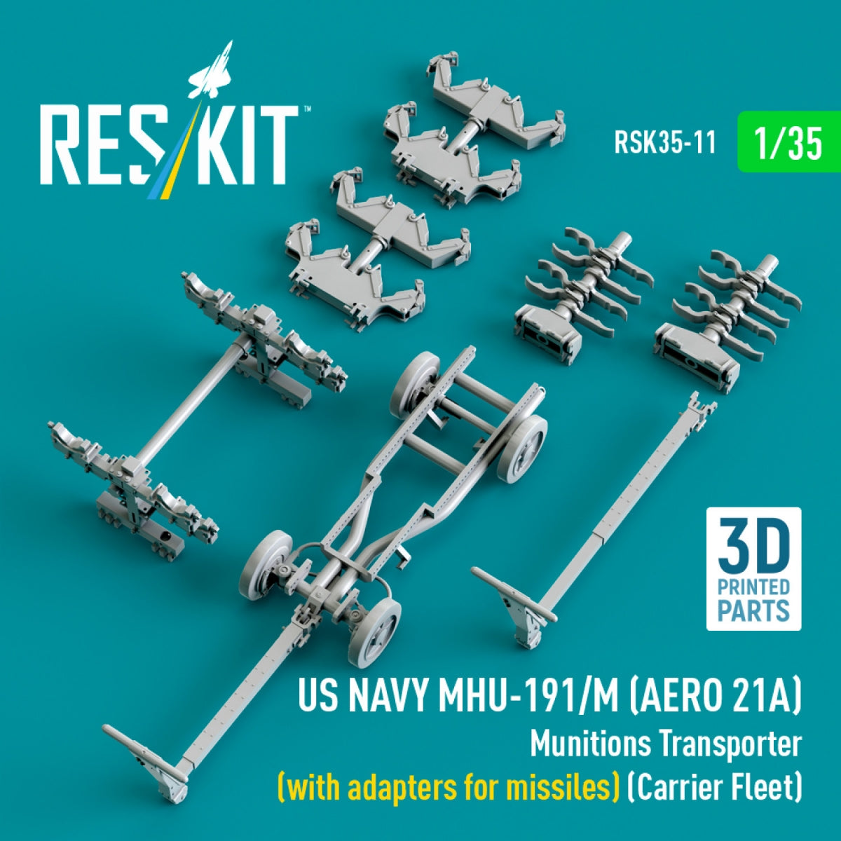RESKIT RSK35-0011 US NAVY MHU-191/M (AERO 21A) Munitions Transporter (with adapters for missiles) (Carrier Fleet) (3D Printed model kit) 1/35 – immagine 4