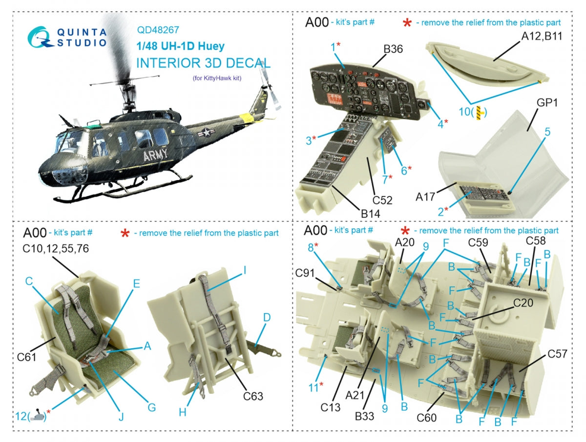 Intérieur coloré imprimé en 3D sur papier décalcomanie Quinta Studio QD48267 UH-1D (KittyHawk) 1/48 – image 2