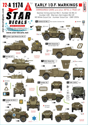 Star Decals 72-A1174 Early IDF markings # 1. Israeli armoured cars and AFVs in 1948-49. Daimler AC Mk 2, Humber AC Mk IV, Humber LRC, Marmon-Herrington Mk IVF, M3 White Scout Car, Humber SC, CMP C15TA. 1/72