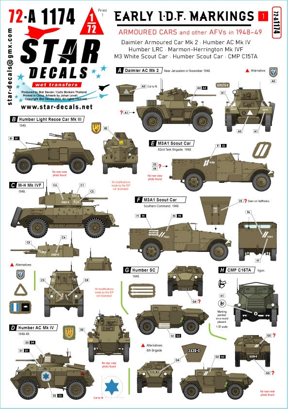 Star Decals 72-A1174 Early IDF markings # 1. Israeli armoured cars and AFVs in 1948-49. Daimler AC Mk 2, Humber AC Mk IV, Humber LRC, Marmon-Herrington Mk IVF, M3 White Scout Car, Humber SC, CMP C15TA. 1/72