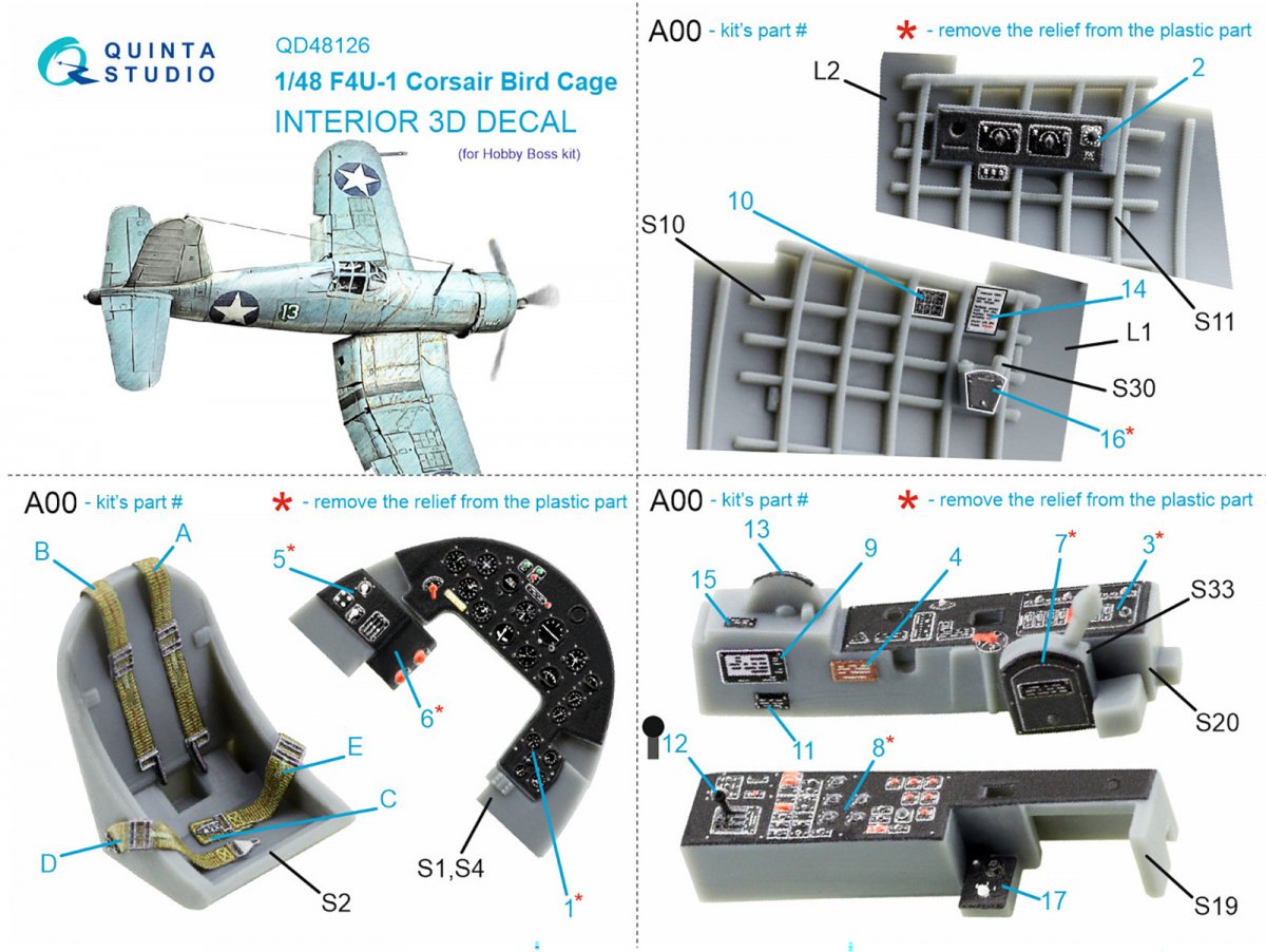 Quinta Studio QD48126 F4U-1 Corsair (Birdcage) 3D-Printed &amp;amp; coloured Interior on decal paper (Hobby Boss) 1/48 – immagine 8