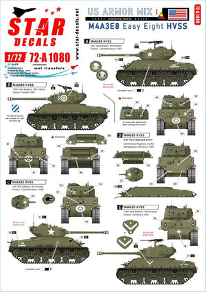 Star Decals 72-A1080 US Armor Mix # 1. Chars américains M4A3E8 « Easy Eight » en Europe du Nord 1944-45 1/72