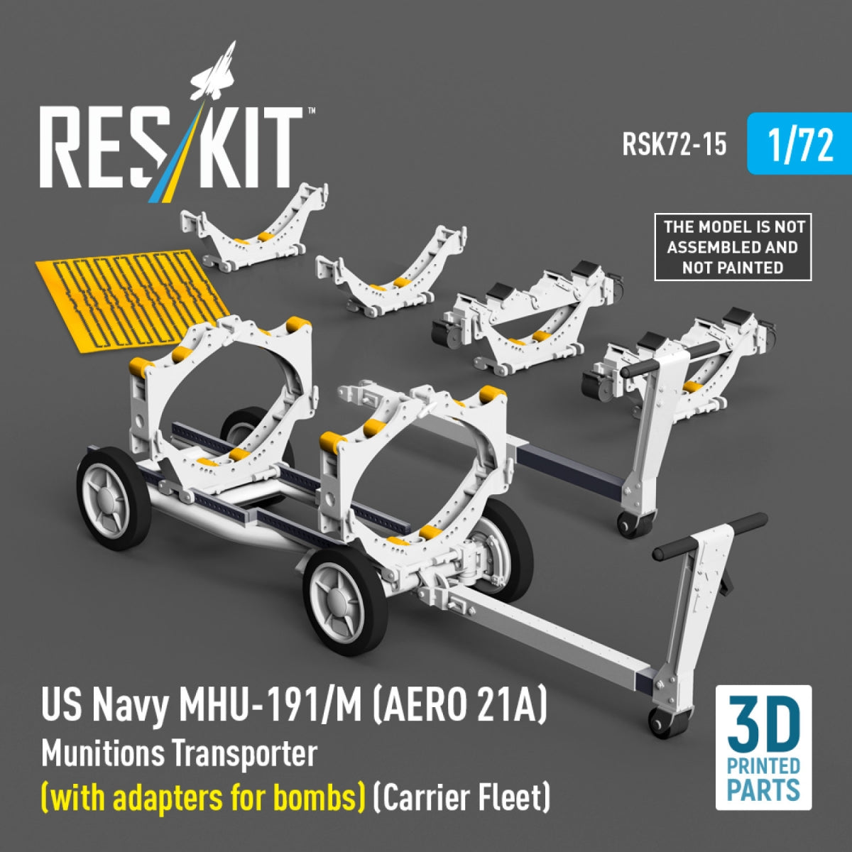 RESKIT RSK72-0015 US NAVY MHU-191/M (AERO 21A) Munitions Transporter (with adapters for bombs) (Carrier Fleet, C-130) (3D Printed model kit) 1/72 – imagen 2