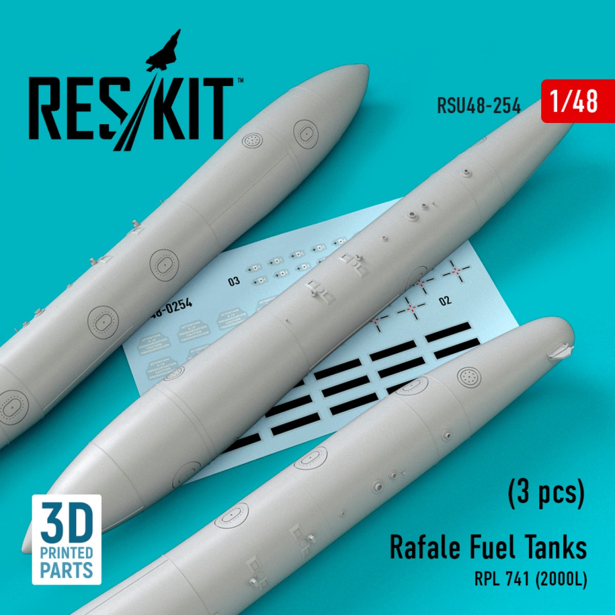 RESKIT RSU48-0254 Réservoirs de carburant RAFALE RPL 741 (2000 L) (3 pièces) (Impression 3D) 1/48
