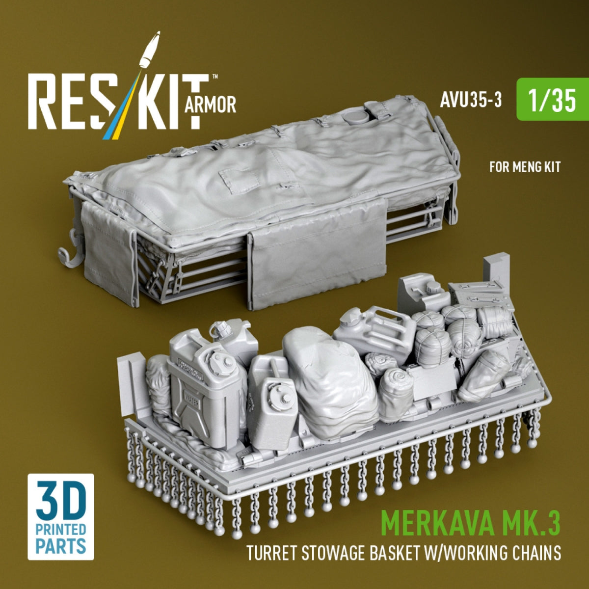 RESKIT AVU35-0003 Merkava Mk.3 turret stowage basket w/working chains for Meng kit (3D Printed) 1/35