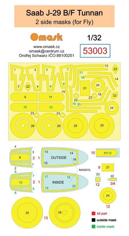 Omask 53003 Saab J-29 B/F Tunnan 2 masques latéraux (pour Fly) 1/32